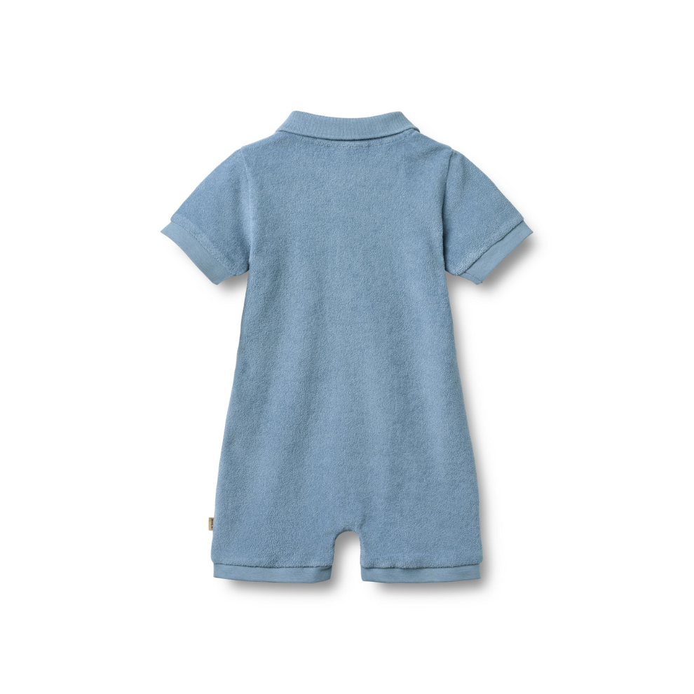 Badstof boxpakje - Playsuit Sully - Biologisch katoen - Faded Denim/Blauw - Wheat achter