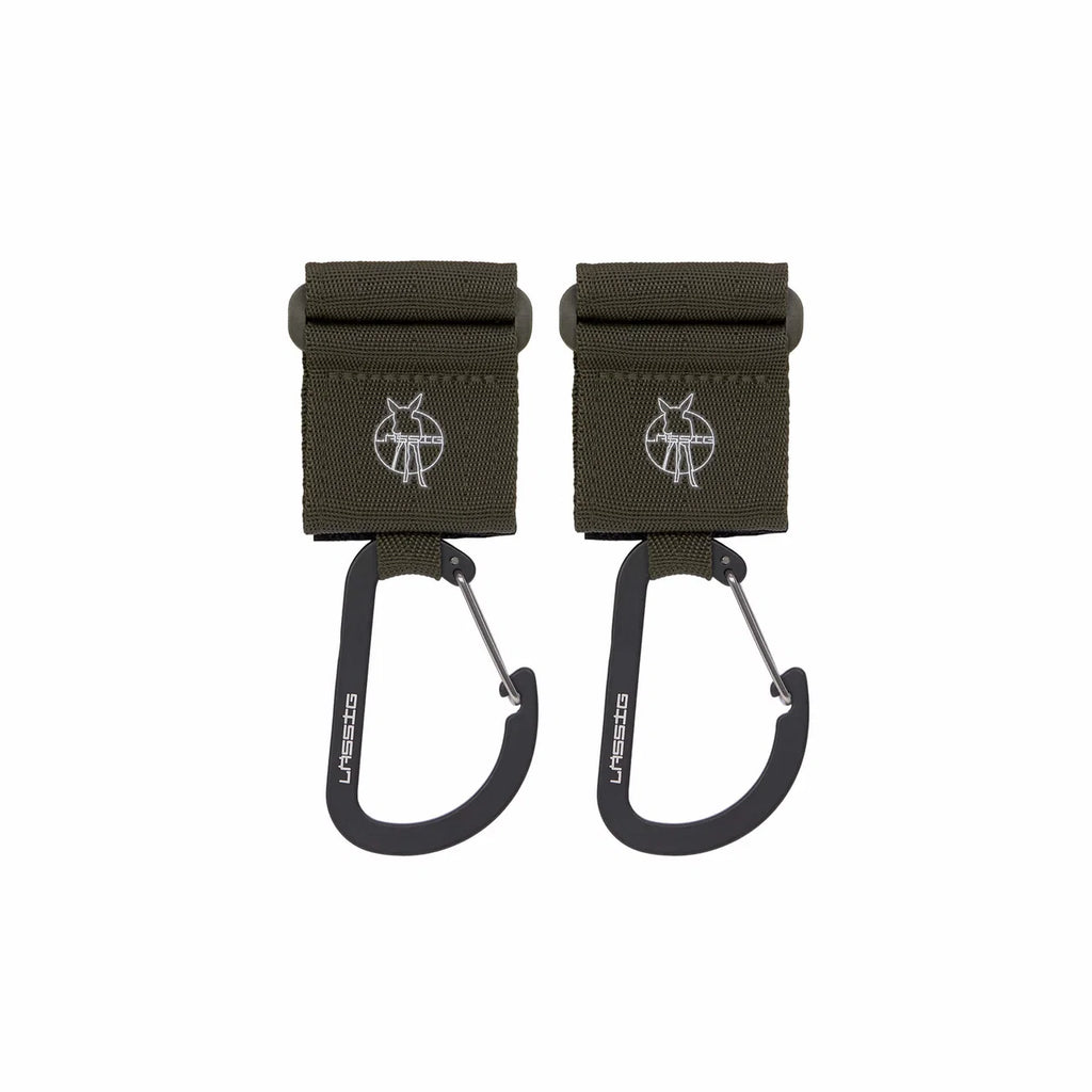 Kinderwagenhaken met Karabijnhaak (2-pack) – Olive, Beige, Black & Anthracite – LÄSSIG