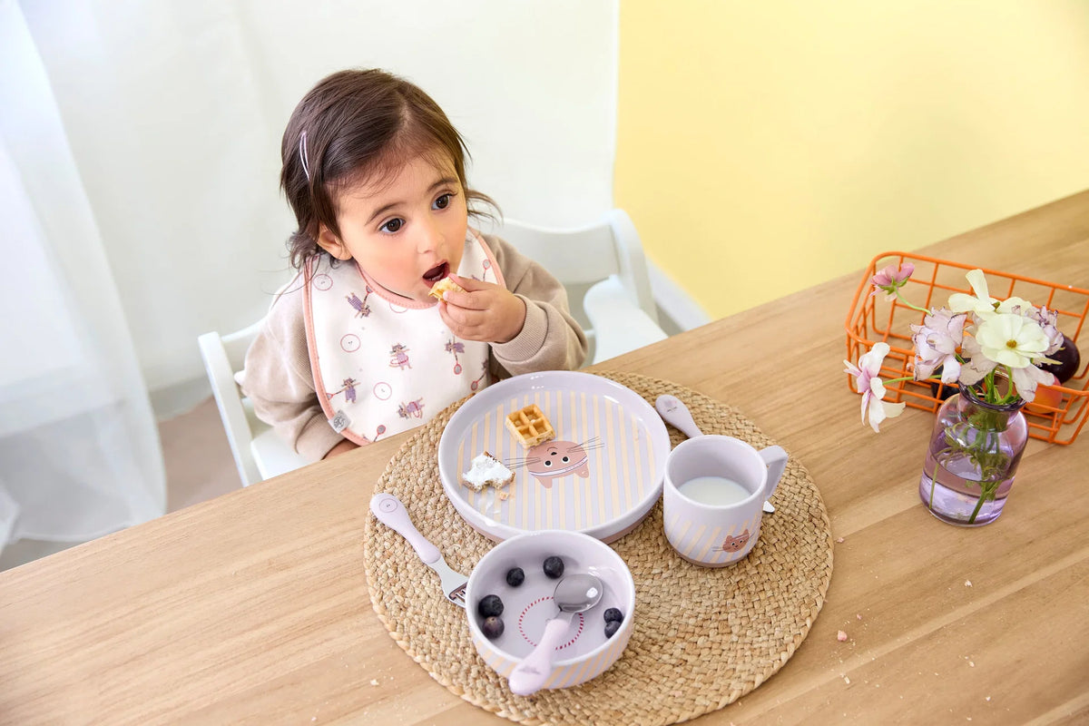 Porseleinen Kinderservies met Siliconen Antislip – 3-delige Set – Tiny Team Cat – LÄSSIG