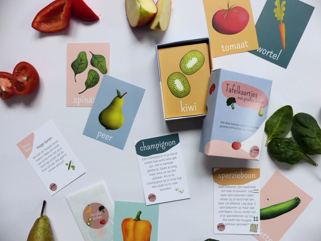 Tischkarten Gemüse & Obst – 60 pädagogische Ess- und Probierkarten für Kinder – STERK & ZOET