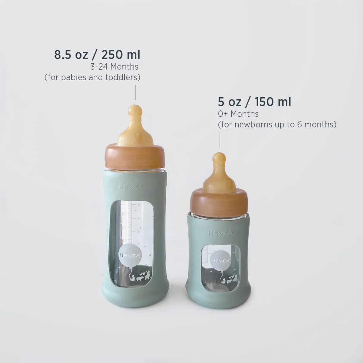 Glazen babyfles - Wide Neck met sleeve/beschermhoes - Glas & natuurrubber - HEVEA - productfoto - afbeelding 7