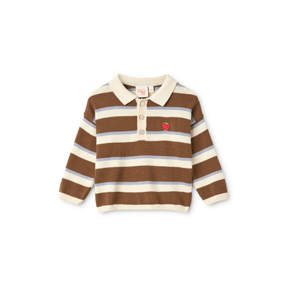 Gebreide polo sweater Elias – Coffee/Air Stripe – 100% katoen – Flöss