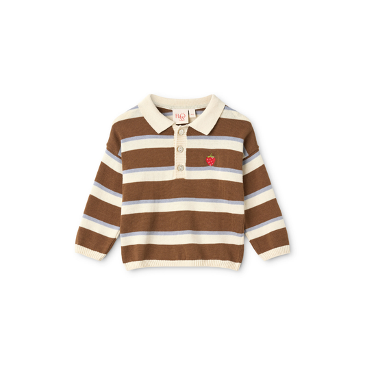 Gebreide polo sweater Elias – Coffee/Air Stripe – 100% katoen – Flöss