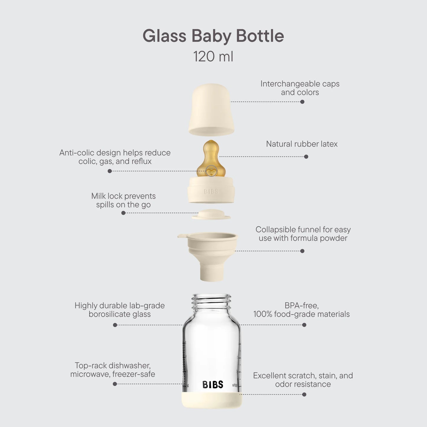 Babyfles van glas - Latex/Natuurrubber - Ivory - 120 ml of 240 ml - BIBS