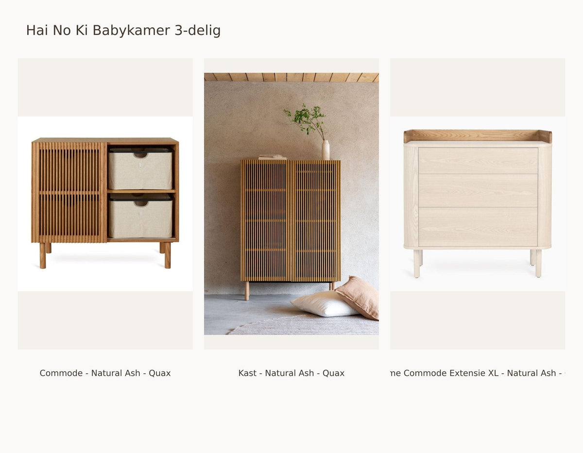 Quax Hai No Ki Nursery Set 3-Piece – Natural Ash – Dresser – Wardrobe – XL Extension: set with Dresser - Natural Ash - Quax, Wardrobe - Natural Ash - Quax, & Yume Dresser Extension XL - Natural Ash - Quax.