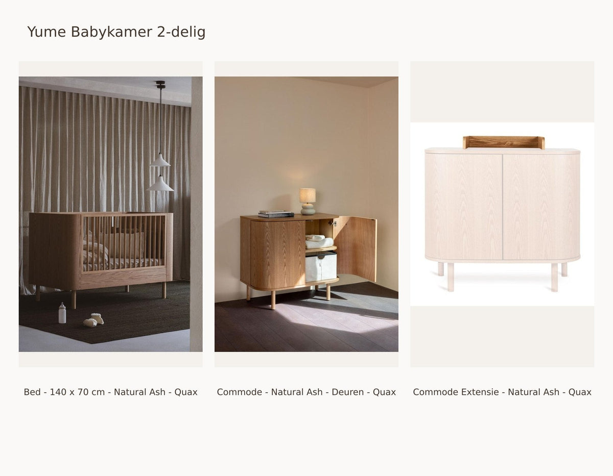 Quax Yume Nursery 2-Piece Set – Natural Ash – 140 × 70 – Dresser Doors – with Changing Table Extension – with Toddler Bed Conversion Kit: set with Crib - 140 x 70 cm - Natural Ash - Quax, Dresser - Natural Ash - Doors - Quax, Changing Table Extension - Natural Ash - Quax.