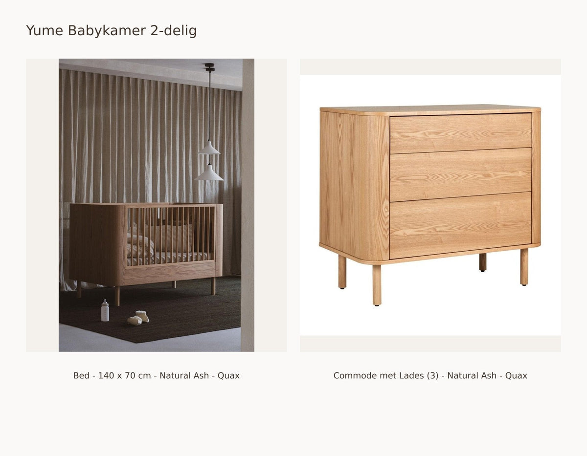 Quax Yume Nursery Set 2-Piece – Natural Ash – 140 × 70 – Dresser with Drawers – with Bed Rail: set with Crib - 140 x 70 cm - Natural Ash - Quax, Dresser with Drawers (3) - Natural Ash - Quax.