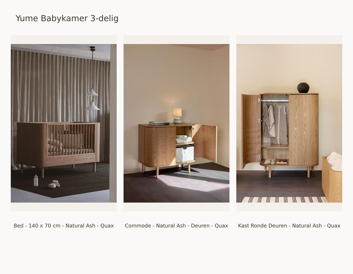Quax Yume Nursery Set 3-Piece – Natural Ash – 140 × 70 – Dresser with Doors – Wardrobe with Round Doors – with Junior Kit: set with Bed - 140 x 70 cm - Natural Ash - Quax, Dresser - Natural Ash - Doors - Quax, Wardrobe Round Doors - Natural Ash - Quax.