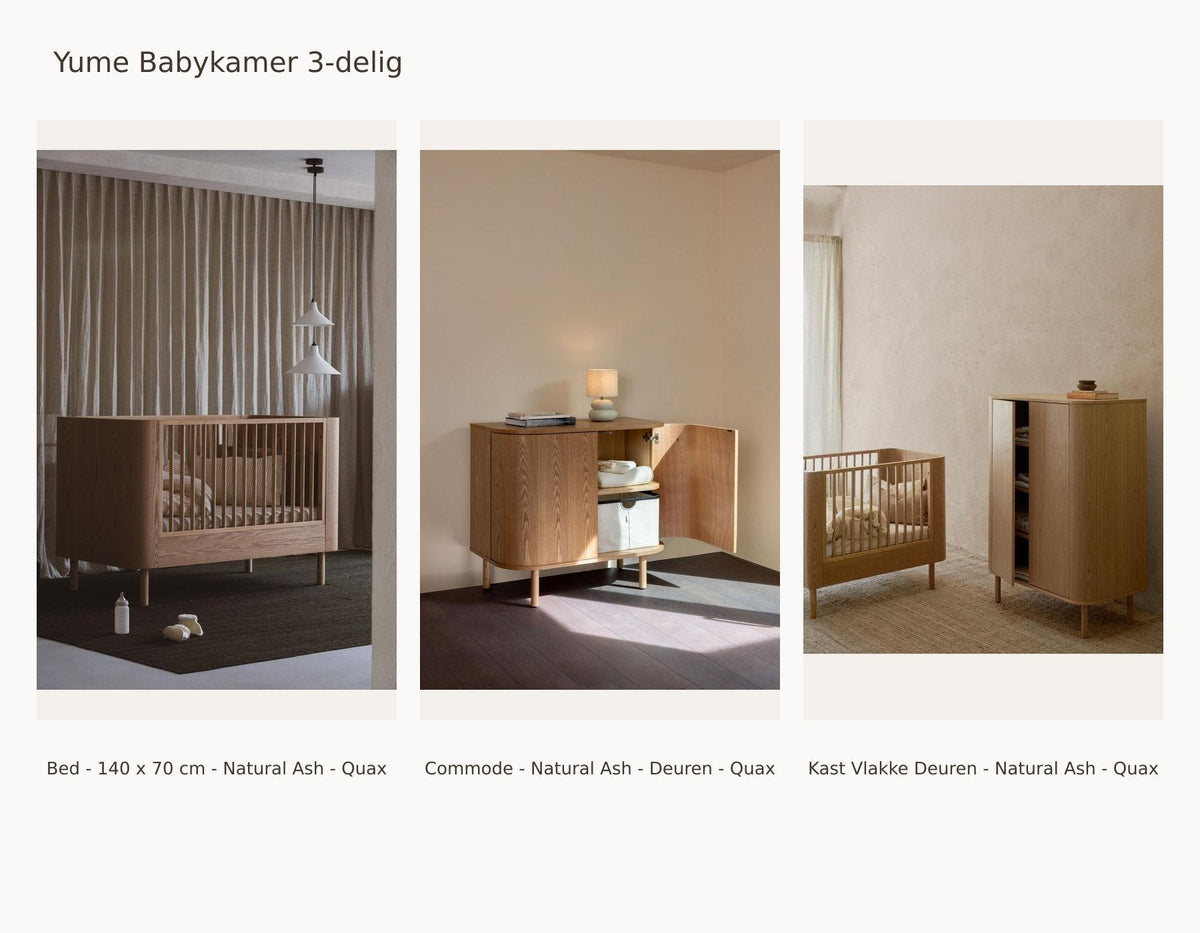 Quax Yume Babykamer 3-delig – Natural Ash – 140 × 70 – Commode deuren – Kledingkast vlakke deuren – met uitvalbeschermer en juniorkit: set met Bed - 140 x 70 cm - Natural Ash - Quax, Commode - Natural Ash - Deuren - Quax, Kast Vlakke Deuren - Natural Ash - Quax.