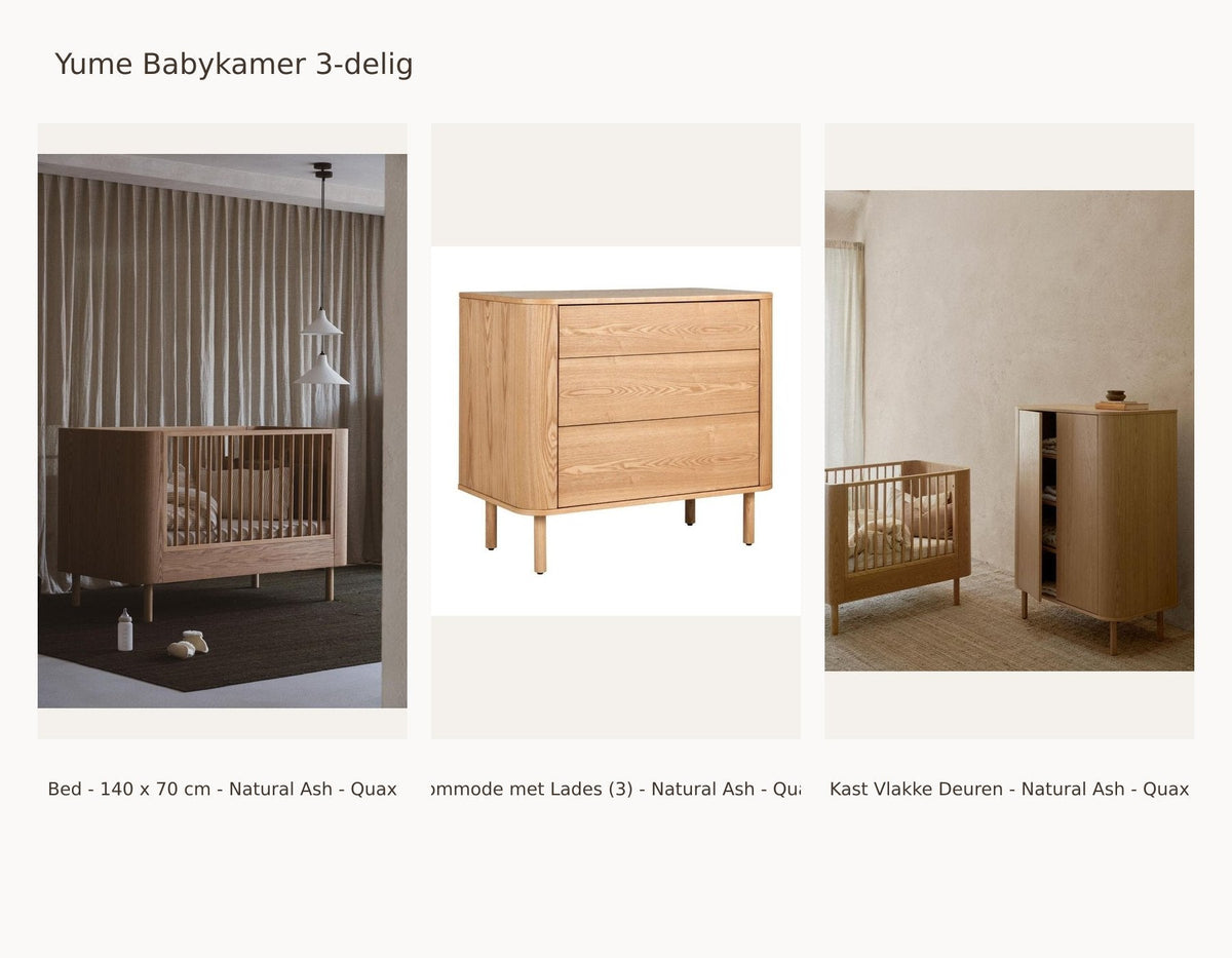 Quax Yume Nursery Set 3-Piece – Natural Ash – 140 × 70 – Dresser with Drawers – Wardrobe Plain Doors – with Junior Kit: set with Crib - 140 x 70 cm - Natural Ash - Quax, Dresser with Drawers (3) - Natural Ash - Quax, Wardrobe Plain Doors - Natural Ash - Quax.