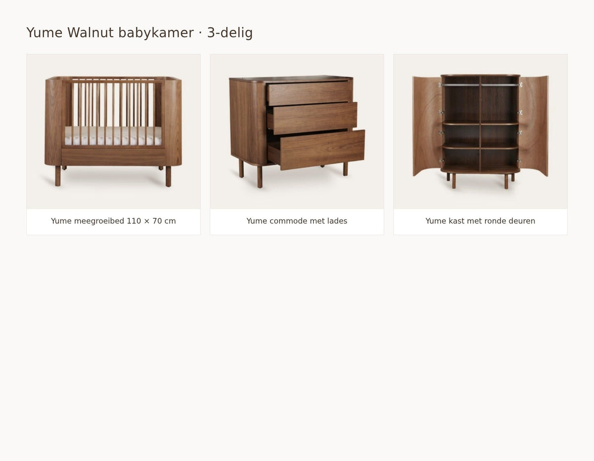 Quax Yume Walnut babykamer: samenstelling van 3 delig walnut 110 70 commode met lades kast ronde deuren